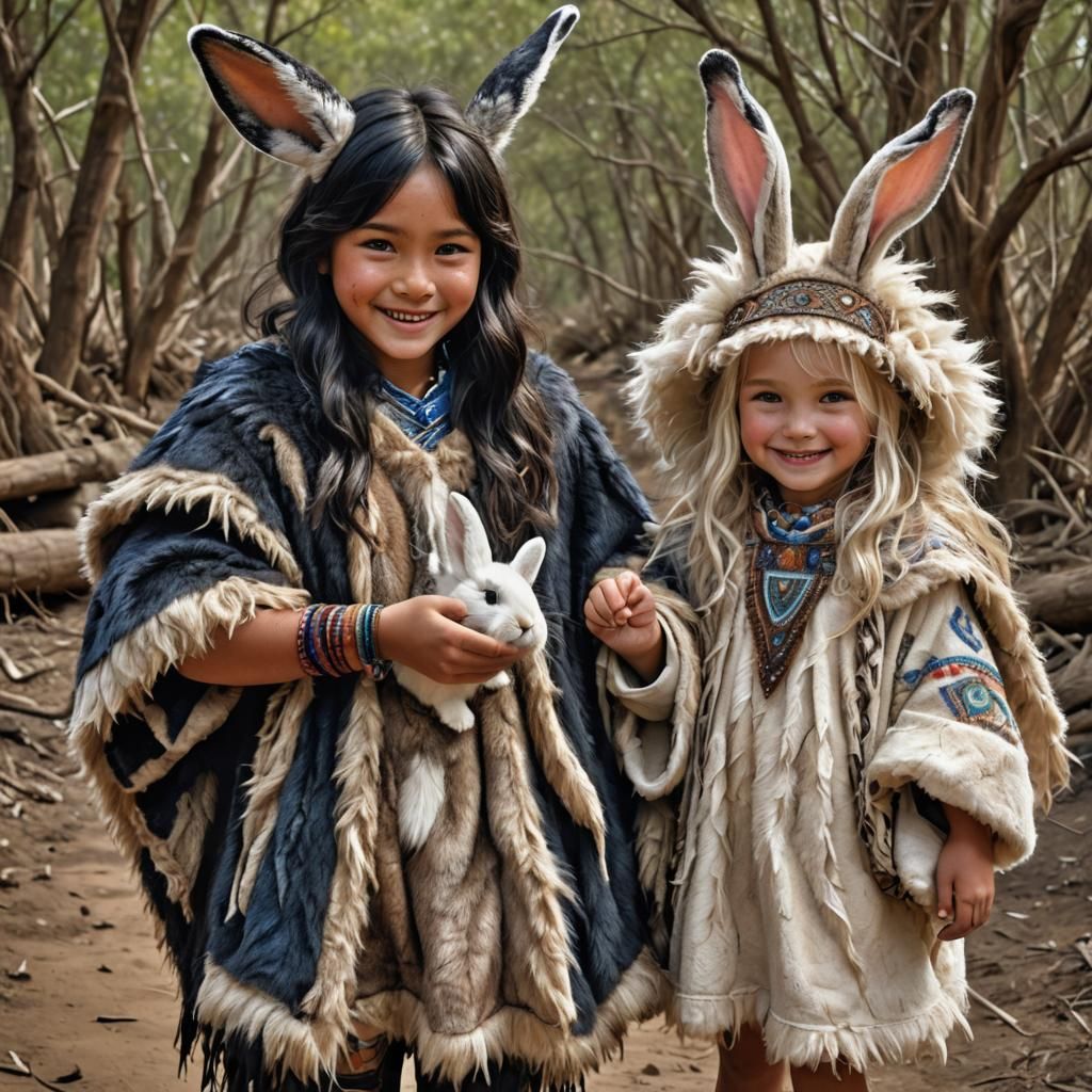 Boy and Girl with Rabbit Ears in Tribal Attire