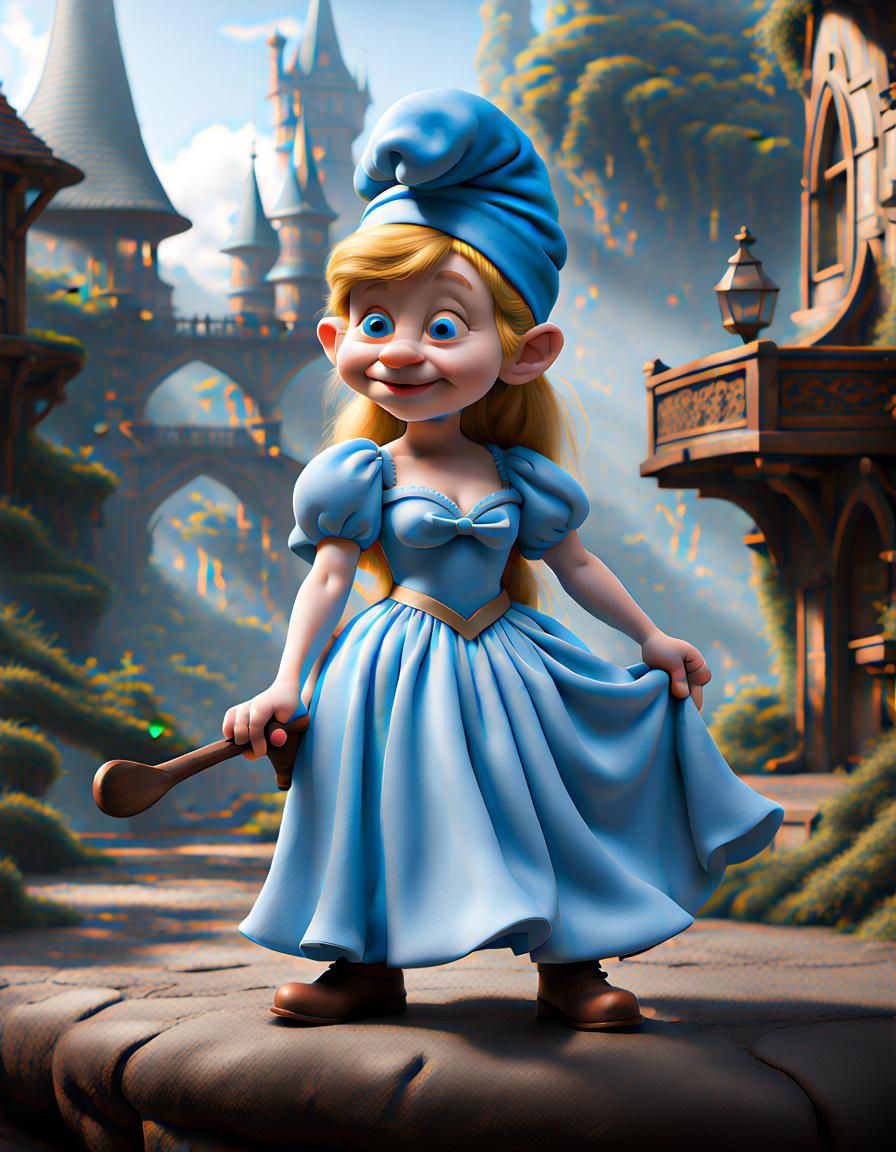 Cinematic Dwarf Smurf Cinderella in Photorealistic Detail