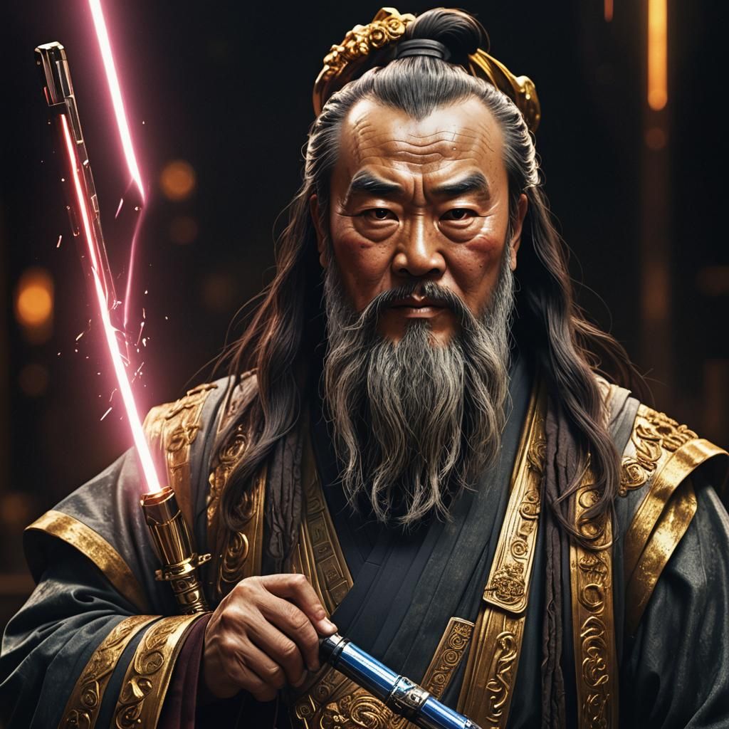 Confucius with Lightsaber in Hyper-Realistic Digital Art