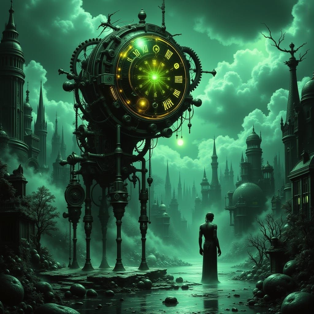 A clockwork automaton, its gears exposed and subtly glowing ...