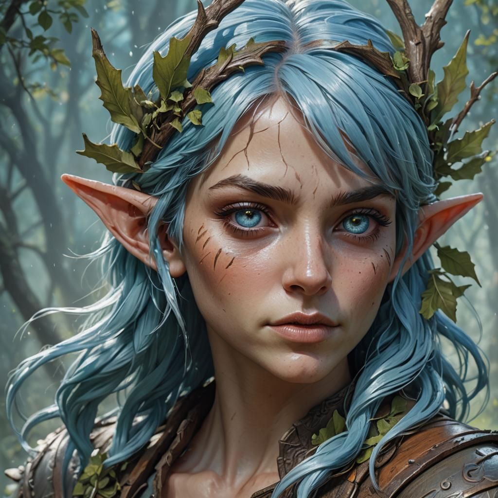 Hyperrealistic Wood Elf with Light Blue Hair