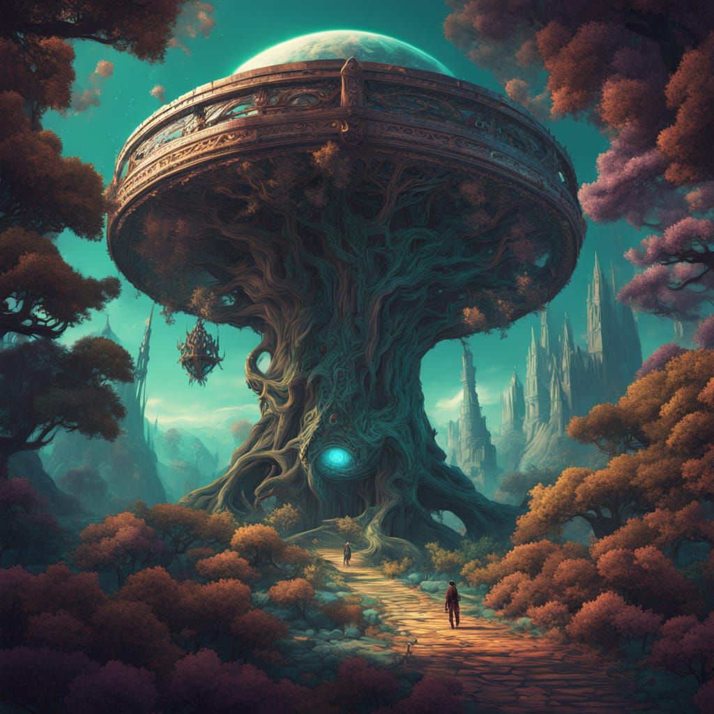 Astronaut Adrift Near Cosmic Tree Ship