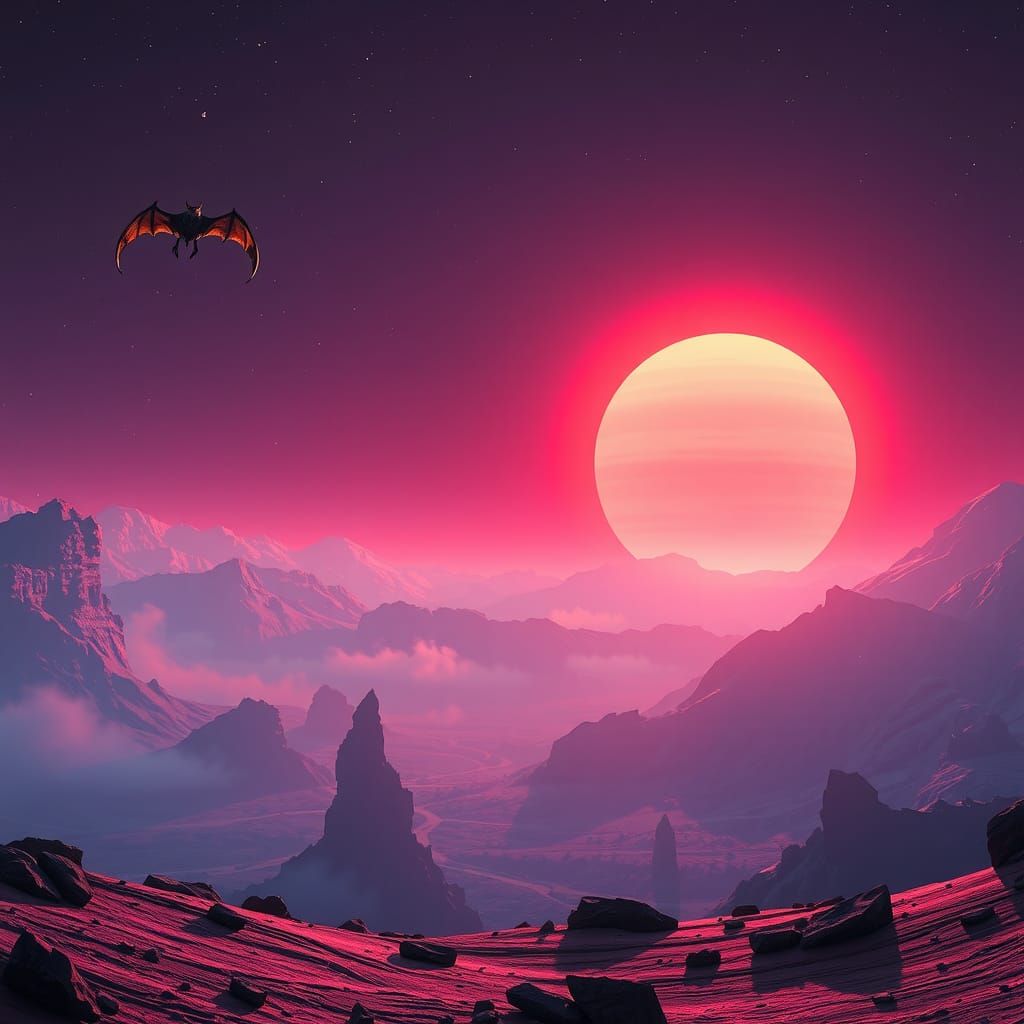 Robot on Baroque Alien Planet with Double Sunset