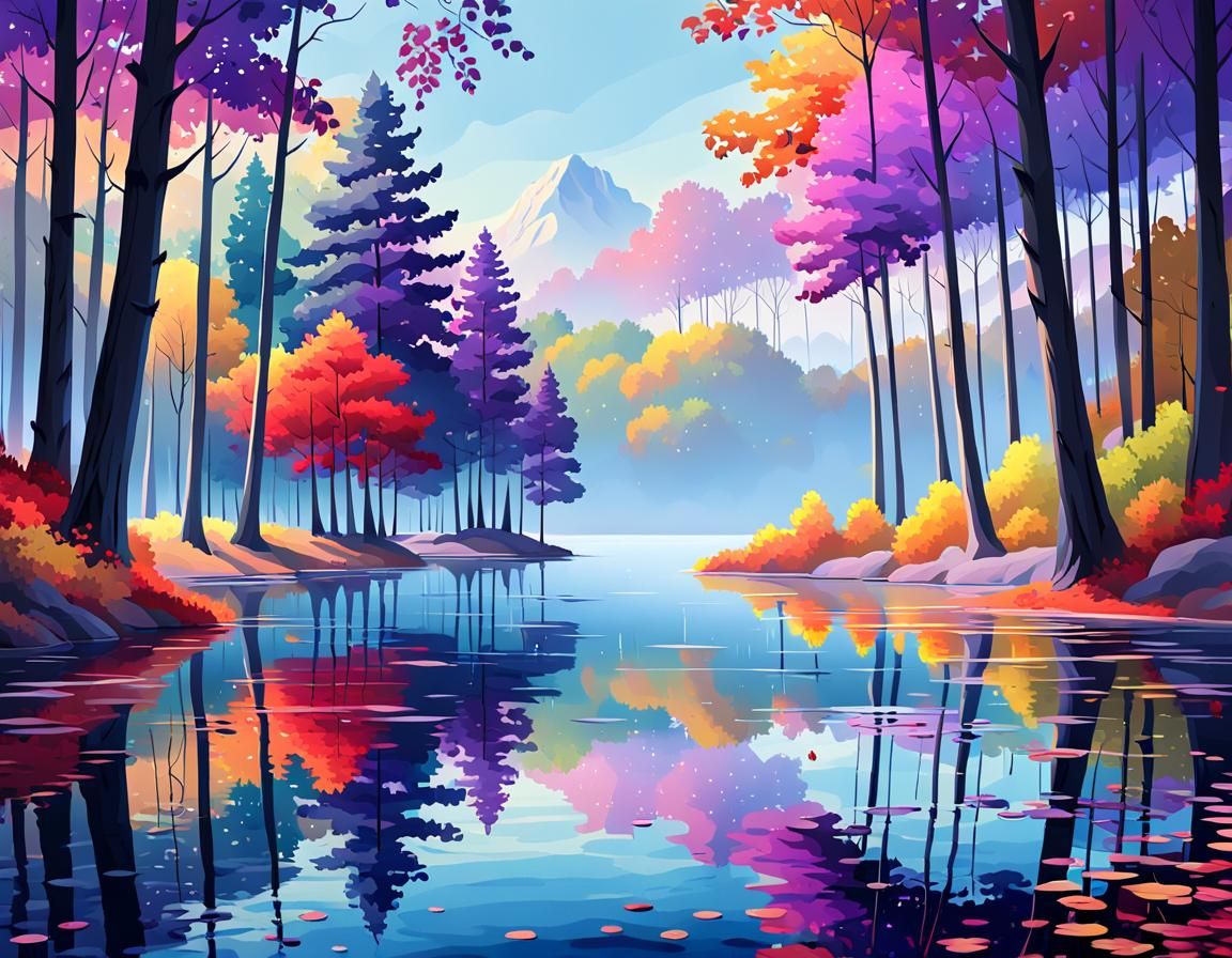 Serene Autumn Landscape Painting with Colorful Canopy