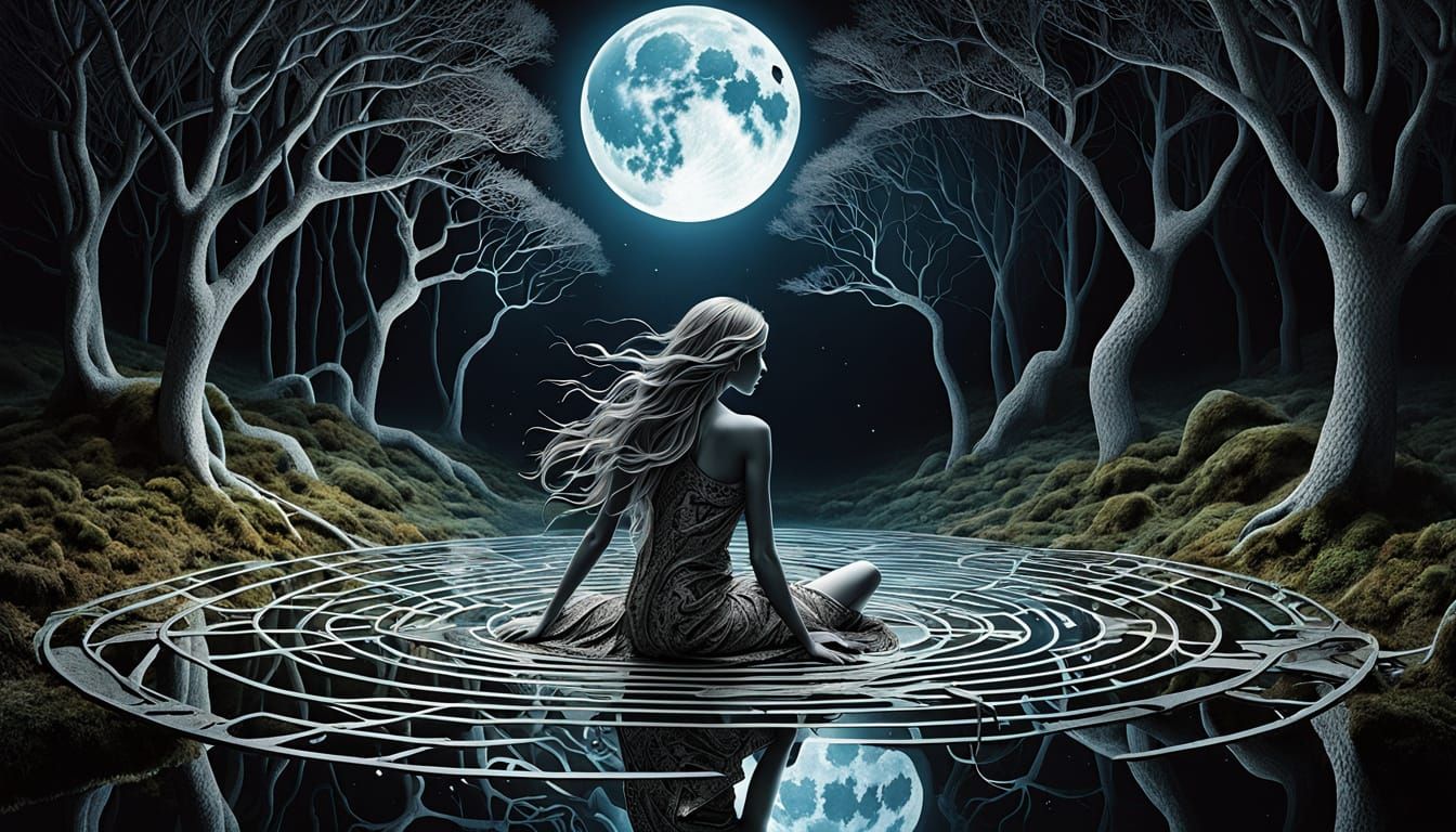 Surreal Fragmented Labyrinth in Moonlit Abstraction