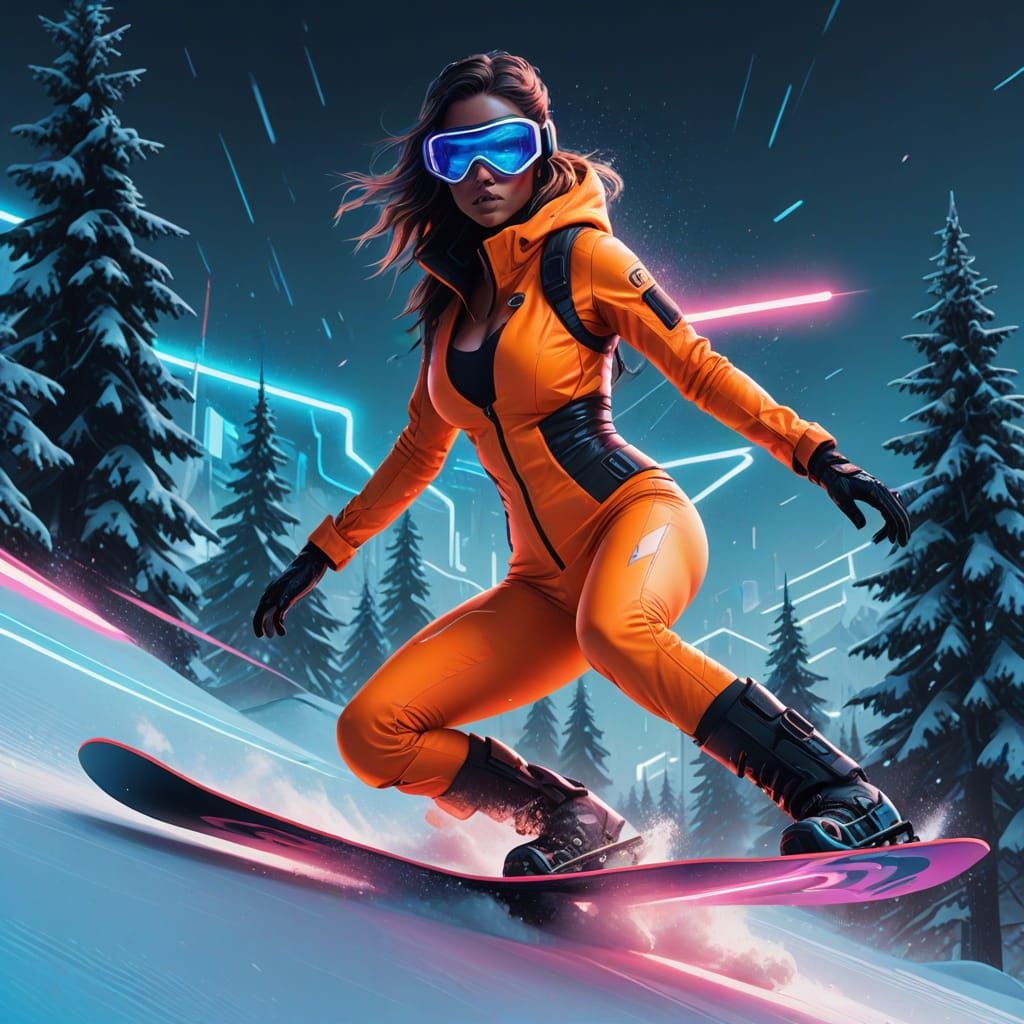Cyberpunk Snowboarding Goddess in Vibrant Orange Bikini