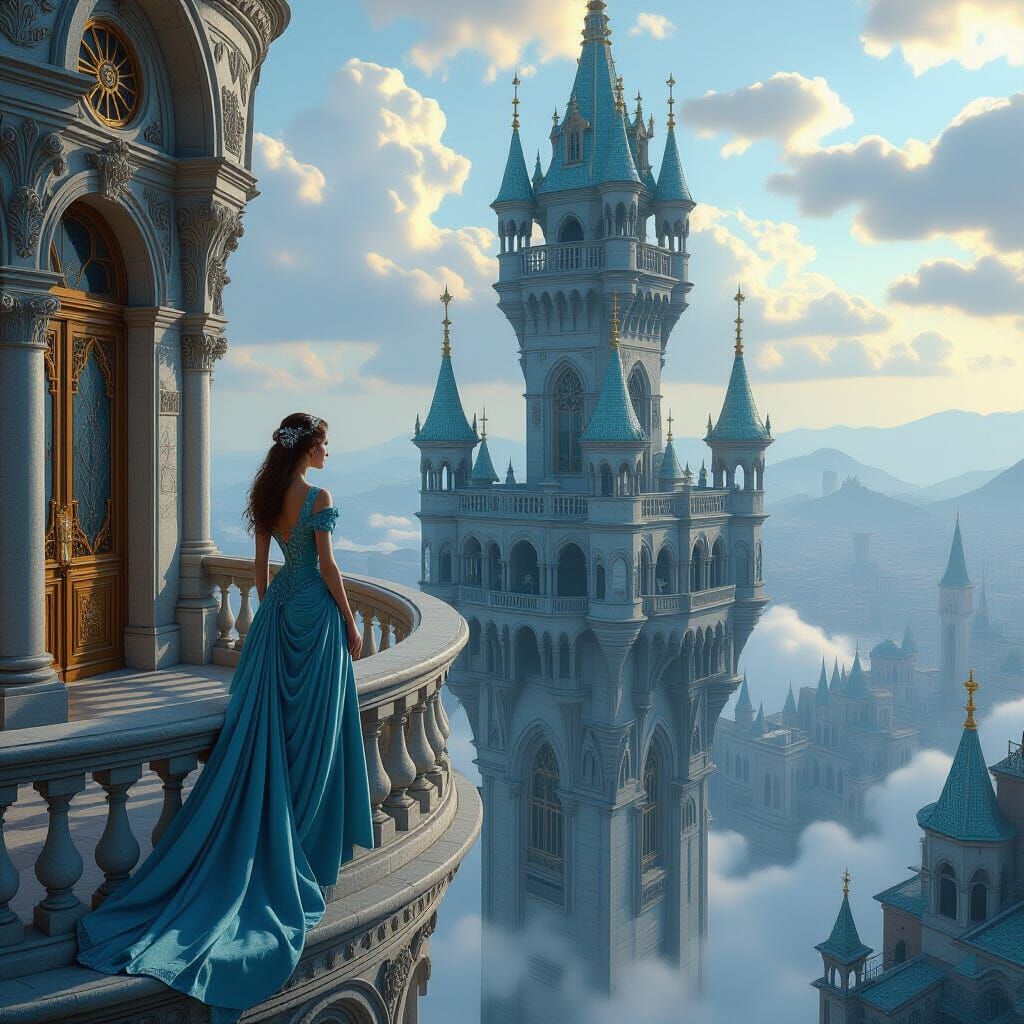 Elegant Woman Gazing from Mystical Castle Balcony