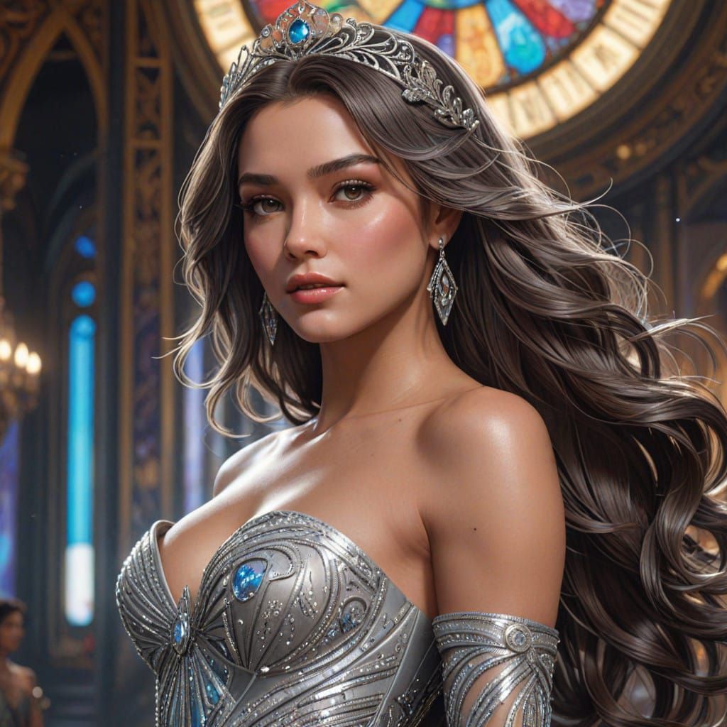 Glamorous Miss Universe in Futuristic Silver Crystal Gown