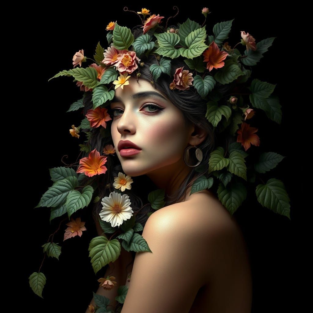 Ethereal Woman Enveloped by Luxuriant Vines