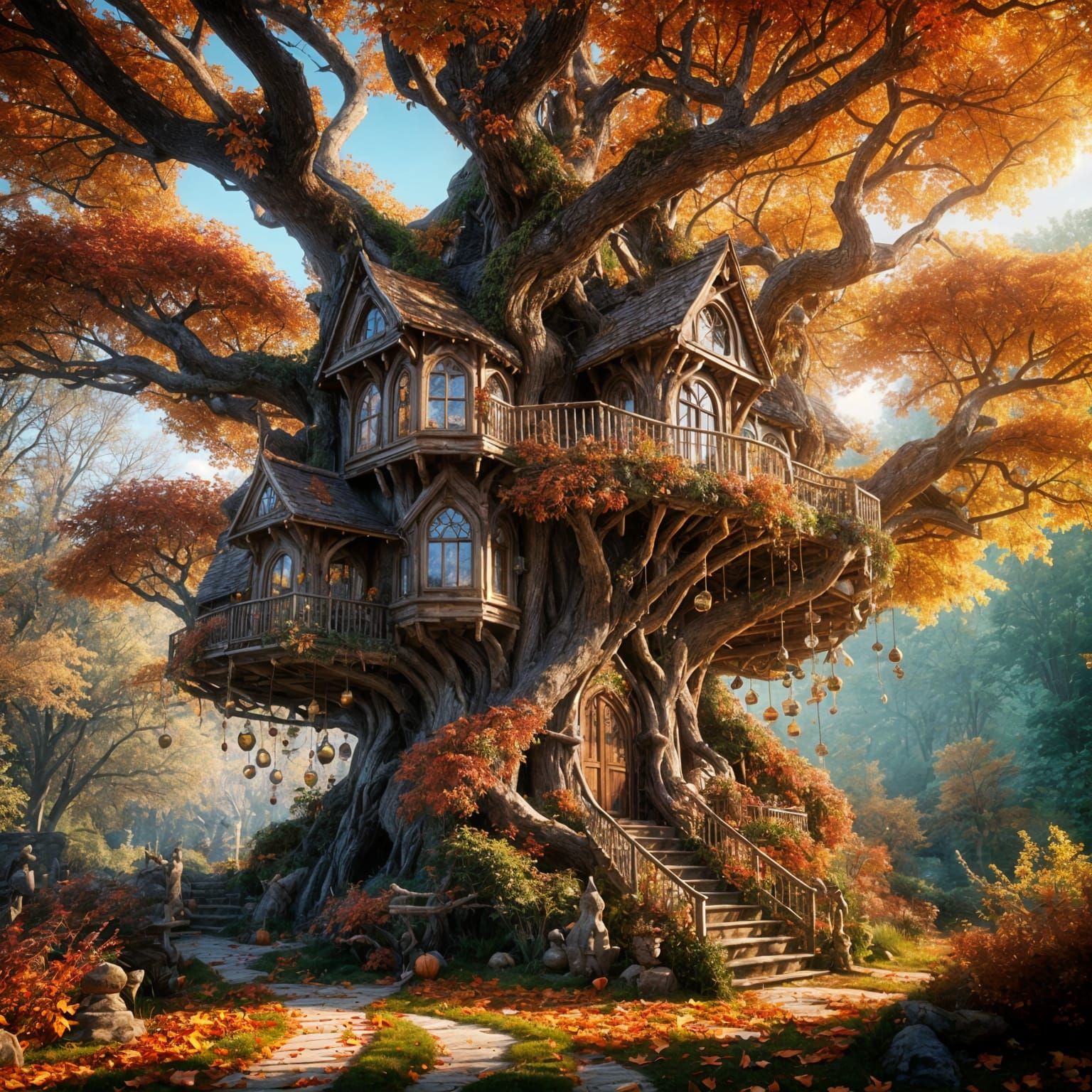 Fantasy Treehouse with Stained Glass in Autumn