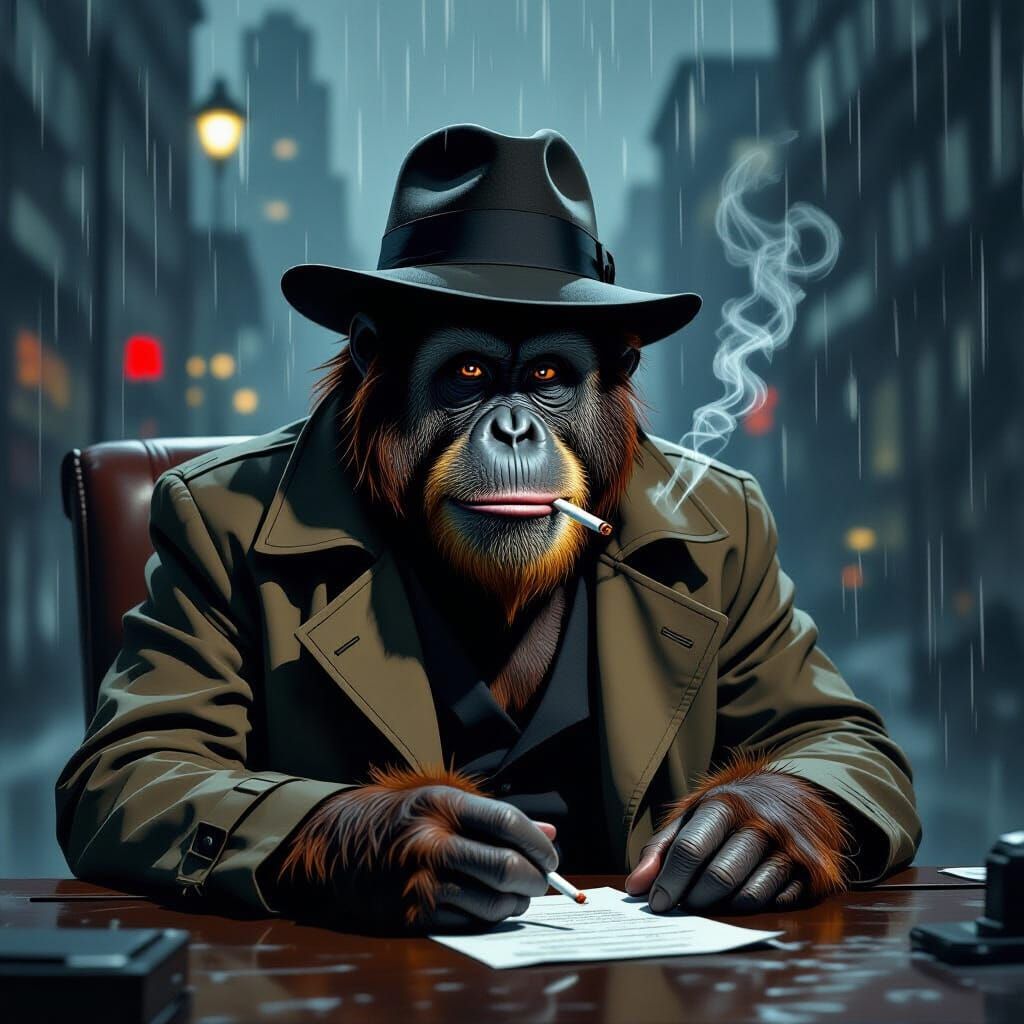 Film Noir Orangutan Detective in Rainy City