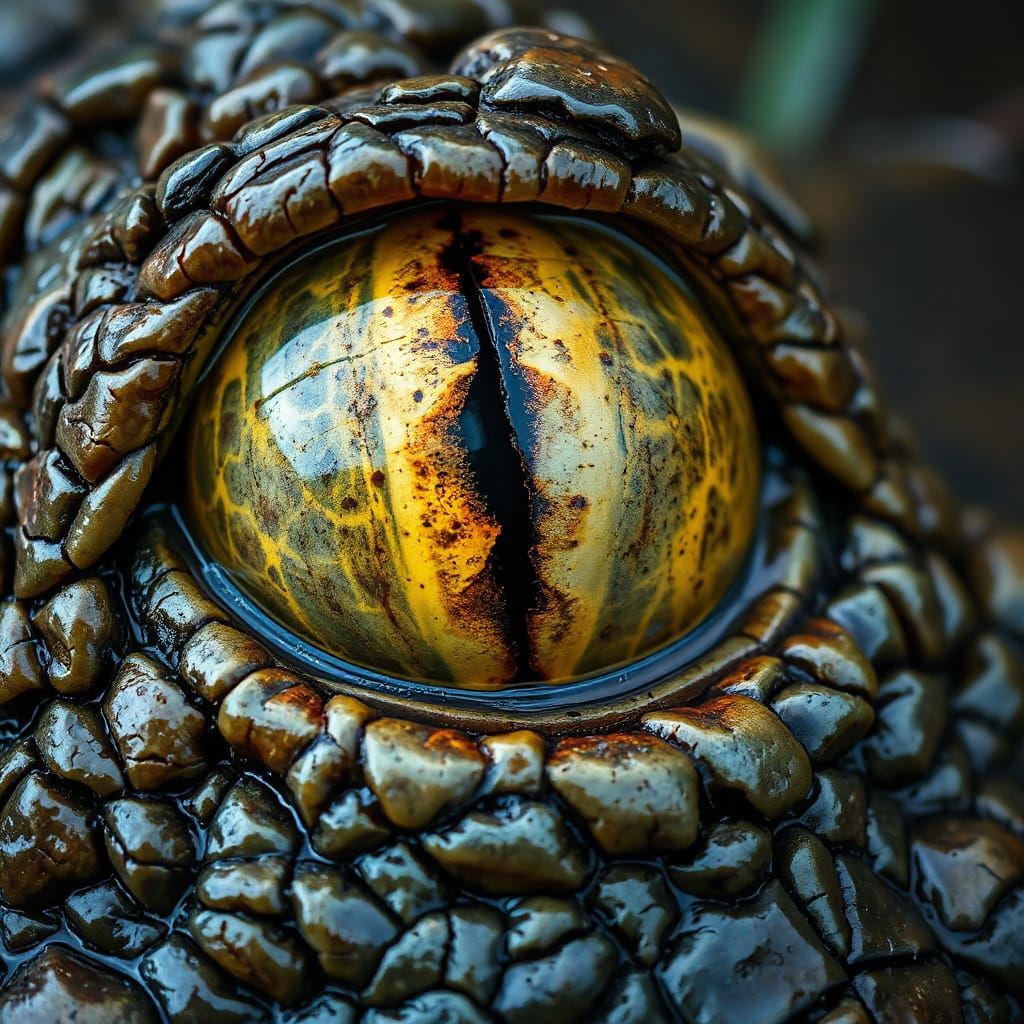 Ultra-realistic extreme macro close-up of a crocodile’s eye.