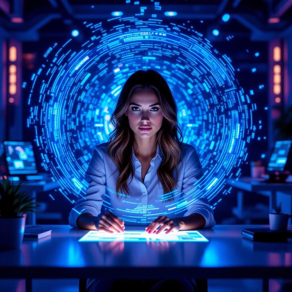Woman in High-Tech Studio with Holographic Data Stream