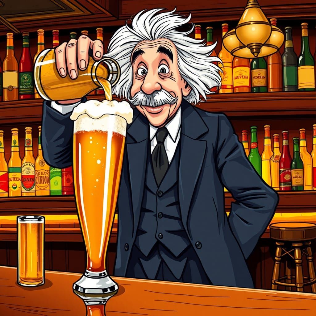 Einstein Pours Beer in Cartoon Illustration