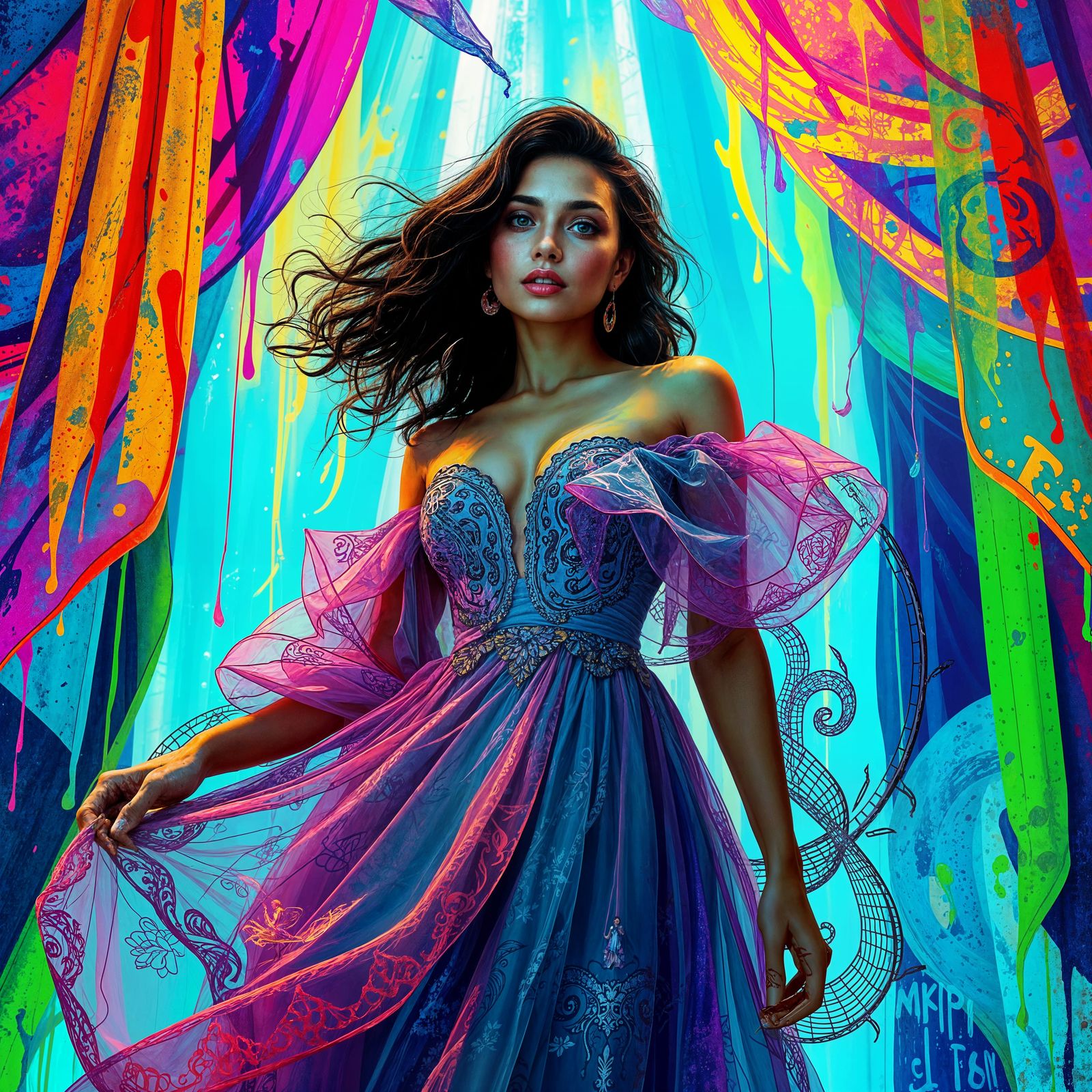 Vibrant Street Art Scene with Neon-Lit Woman and Vibrant Fab...