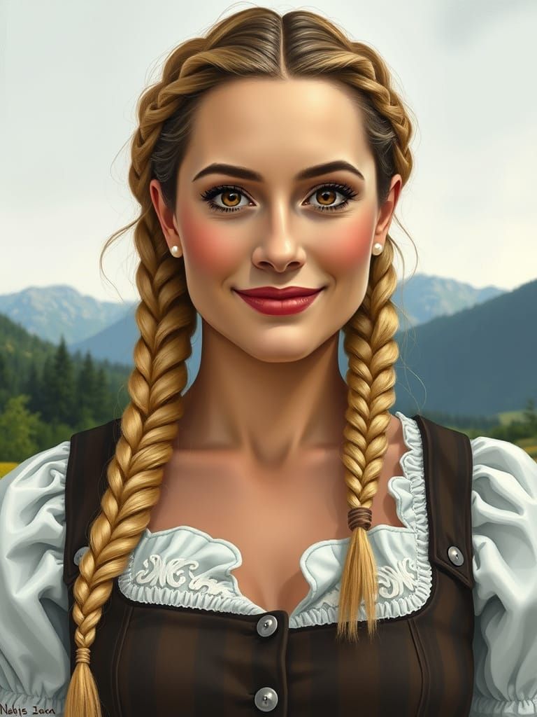 Bavarian Woman Portrait in Garden, Illustration Style