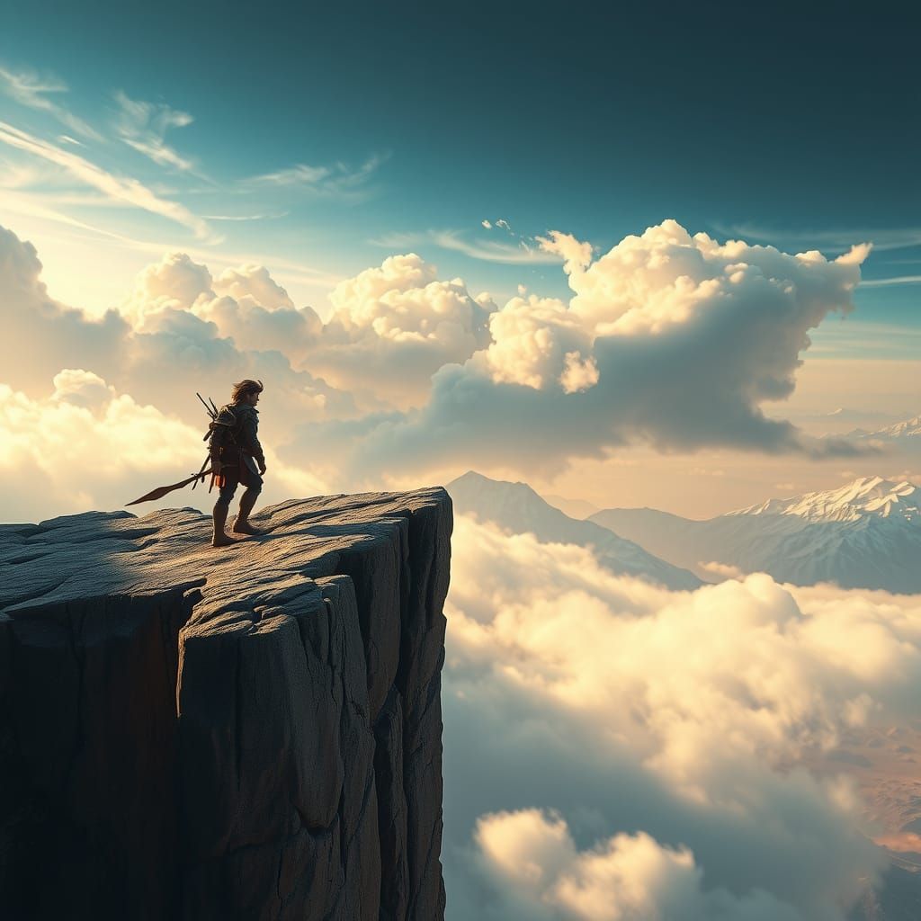Lone Man on Ancient Precipice in Fantasy Art
