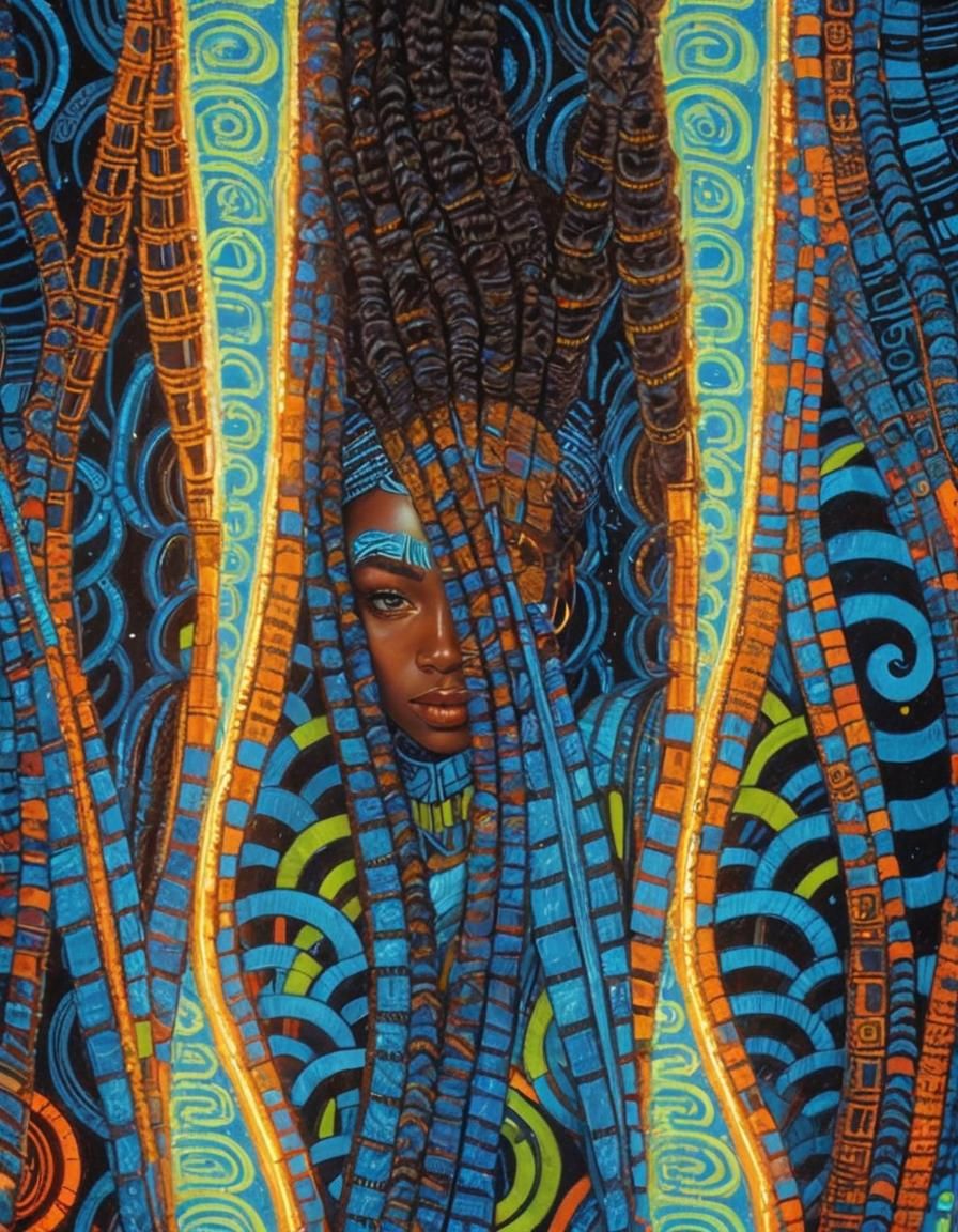 Afrofuturist Woman Portrait with Neon Lights