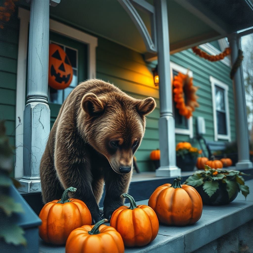 Brown Bear Sniffs Halloween Pumpkins: Watercolor Painting