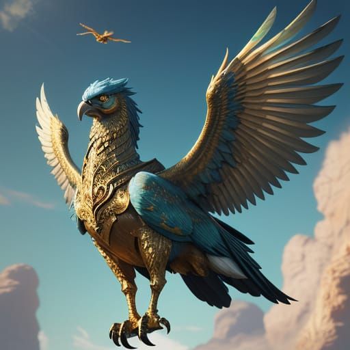 Griffin Soaring with Submarine, Fantasy Concept Art