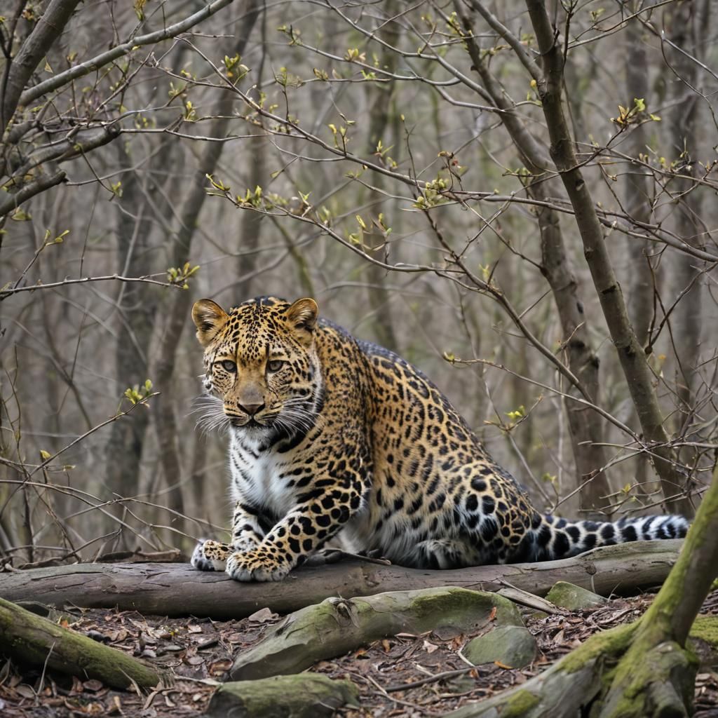 Amur Leopard in its Habitat in Spring