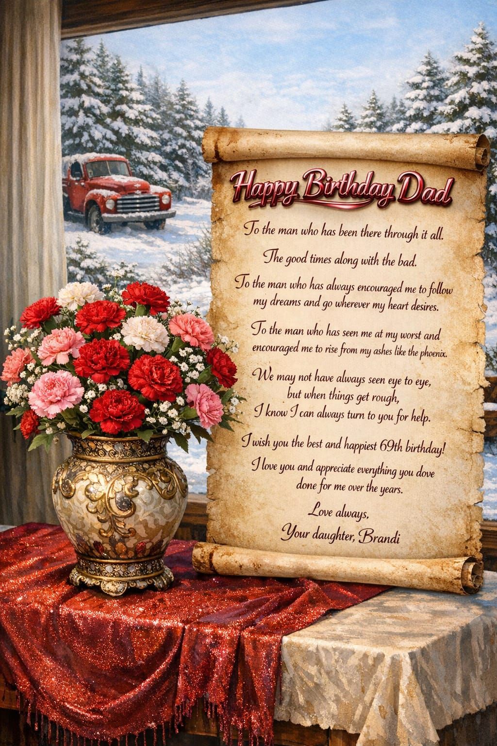 Birthday Vase with Carnations and Snowy Landscape