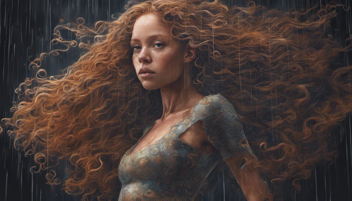 Cute, petite, detailed, beautiful, skimpy bimbo with long flowing intricate elaborate curly ginger hair, raining heavily...