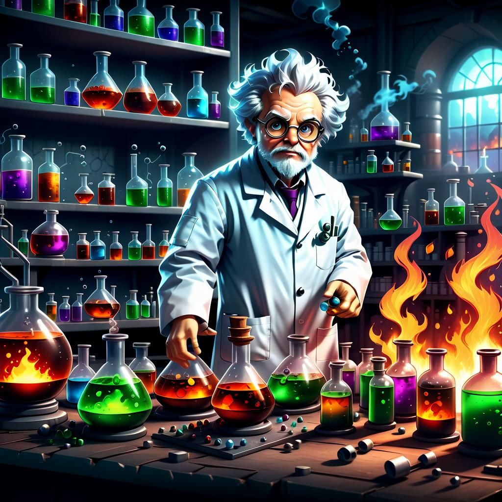 Chibi Mad Scientist's Fiery Lab: Digital Matte Painting