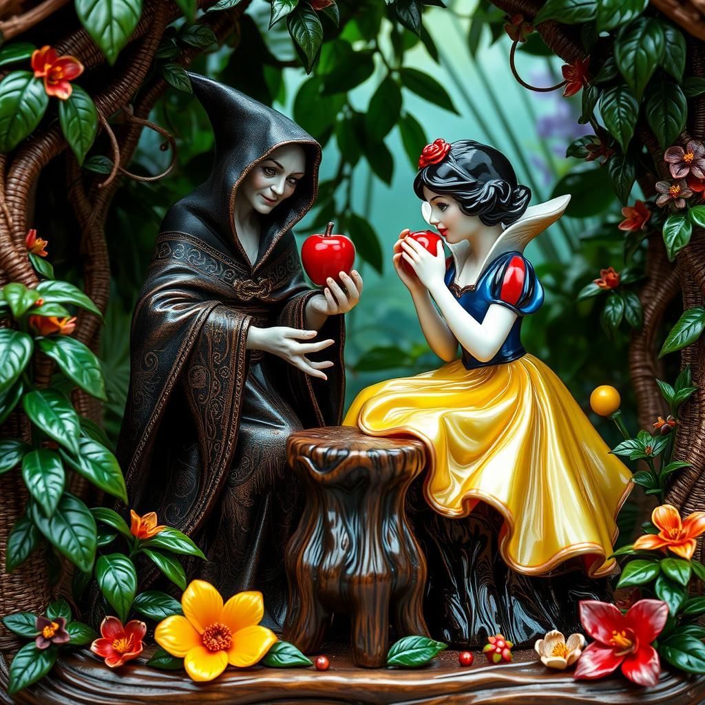 Enameled Glass Snow White and Witch Queen in Jungle