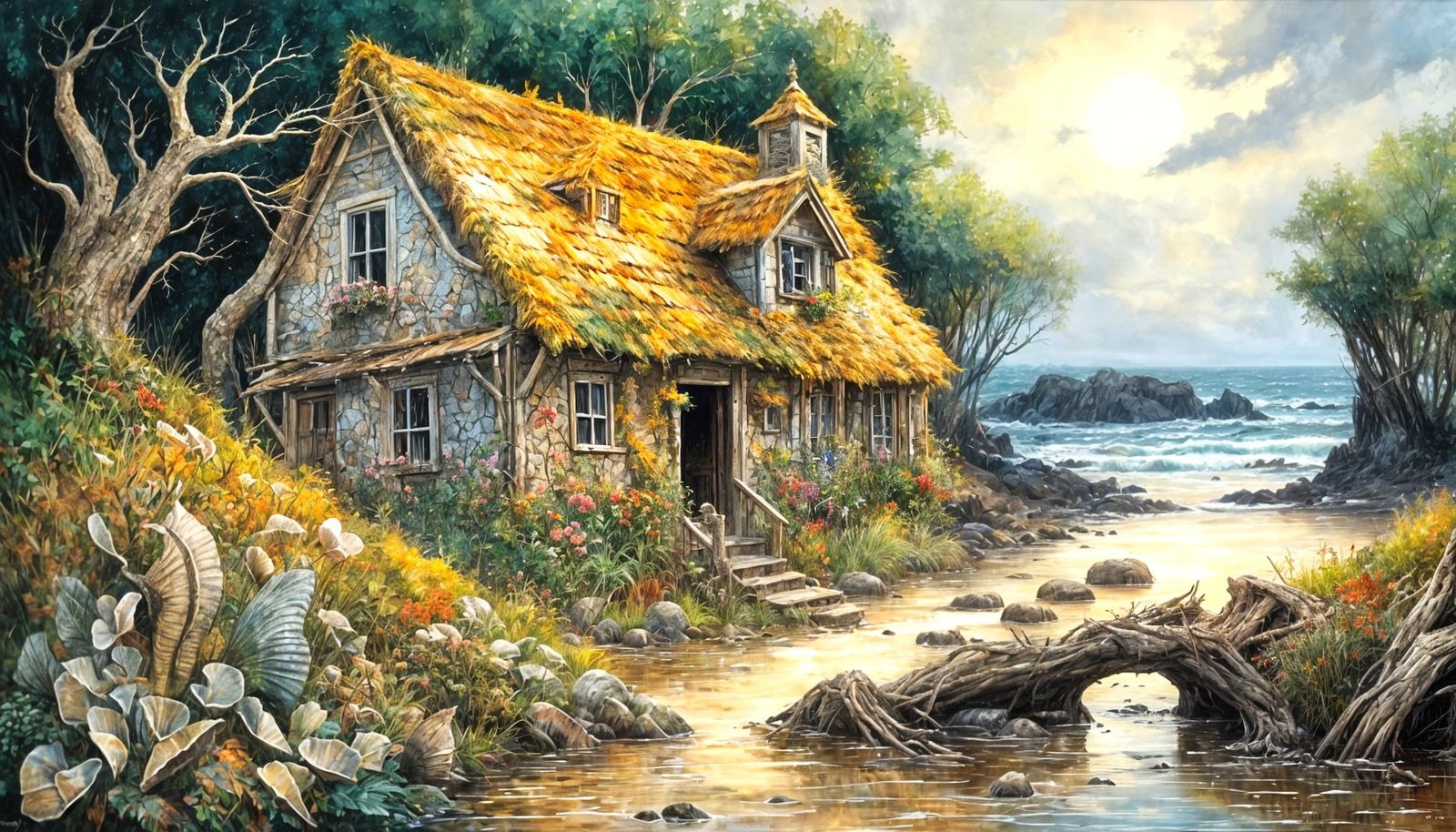 Seashell Cottage in Shrouded Cove as Watercolour