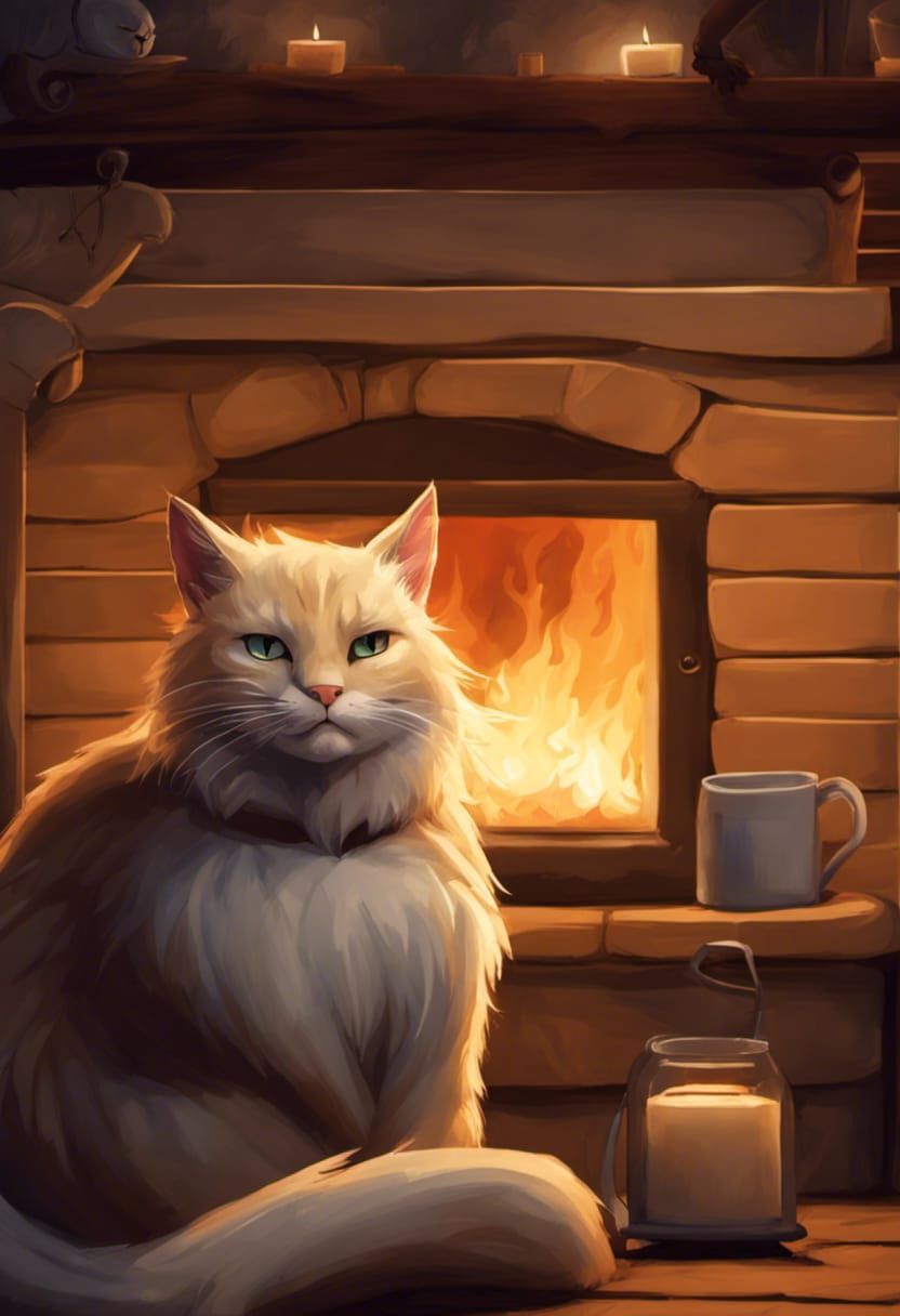 Cozy Cabin: Blonde Cat by the Fireplace
