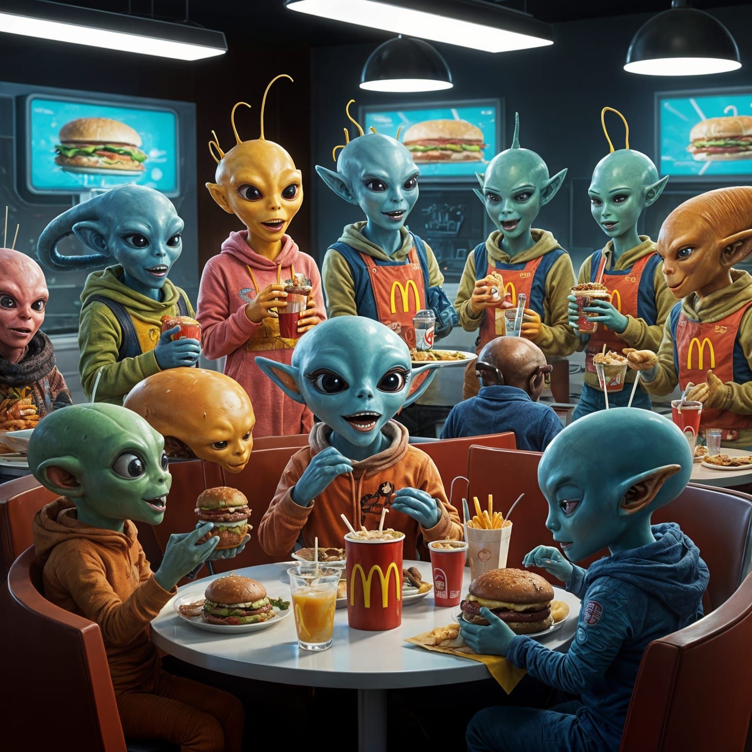 Extraterrestrials Enjoying Fast Food in Futuristic Restauran...