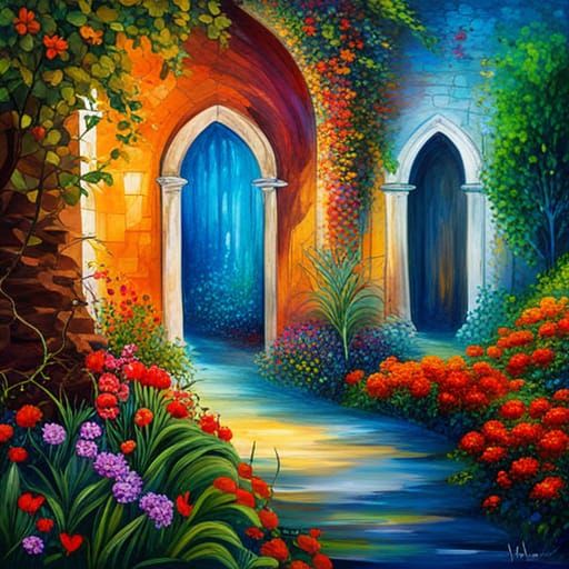 Secret Garden with Gothic Building and Flowers
