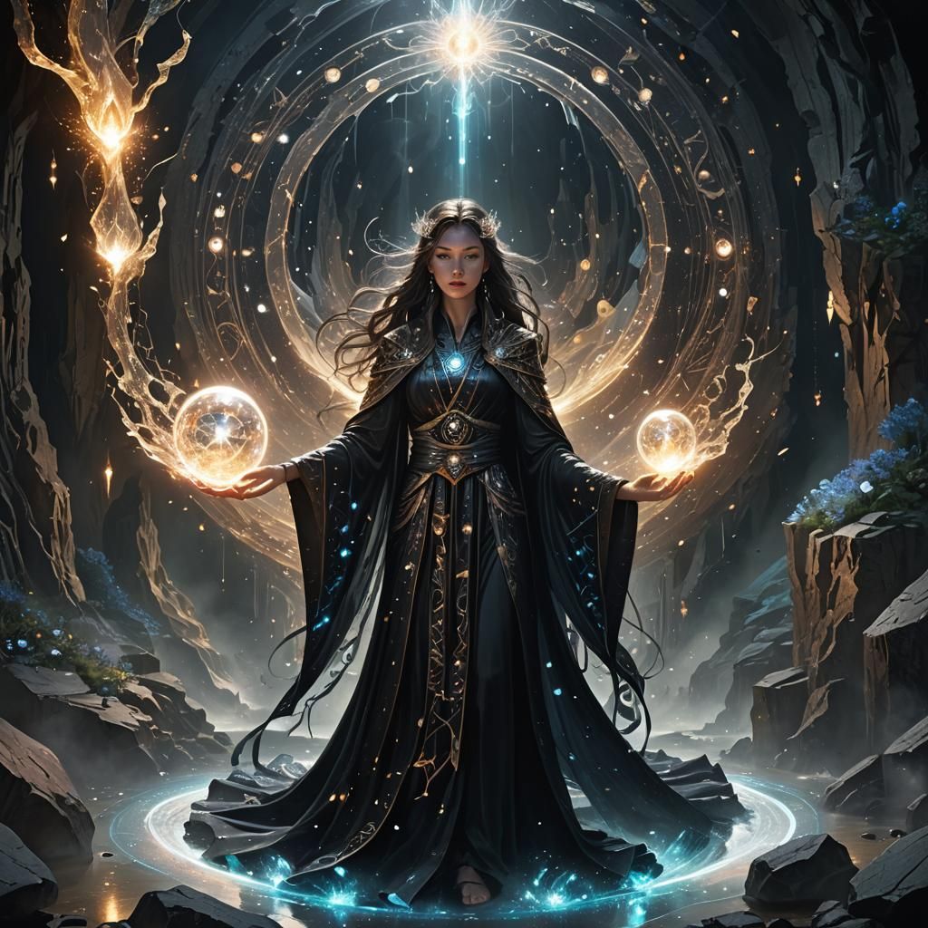 Sorceress in Crystal Cave with Ancient Relic