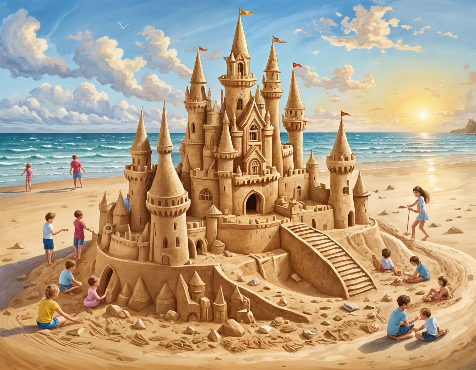 Family Builds Sandcastle Masterpiece on Sunny Beach