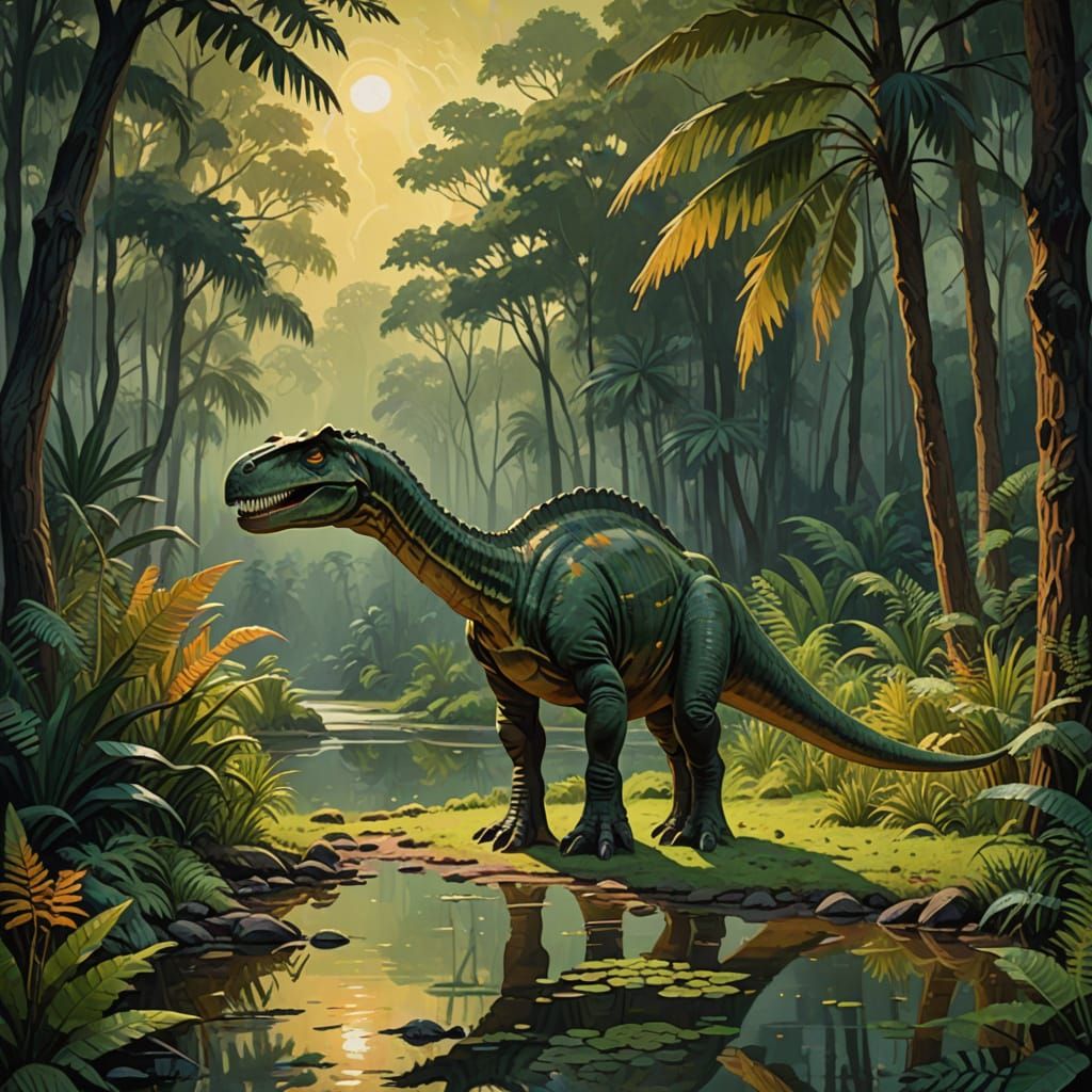 Dinosaur in Forest, Gouache Impressionist Painting