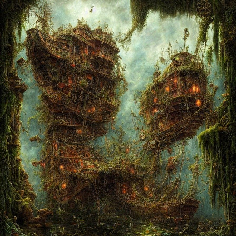 Haunted Shipwreck in Jungle: Hyperdetailed Fantasy Art