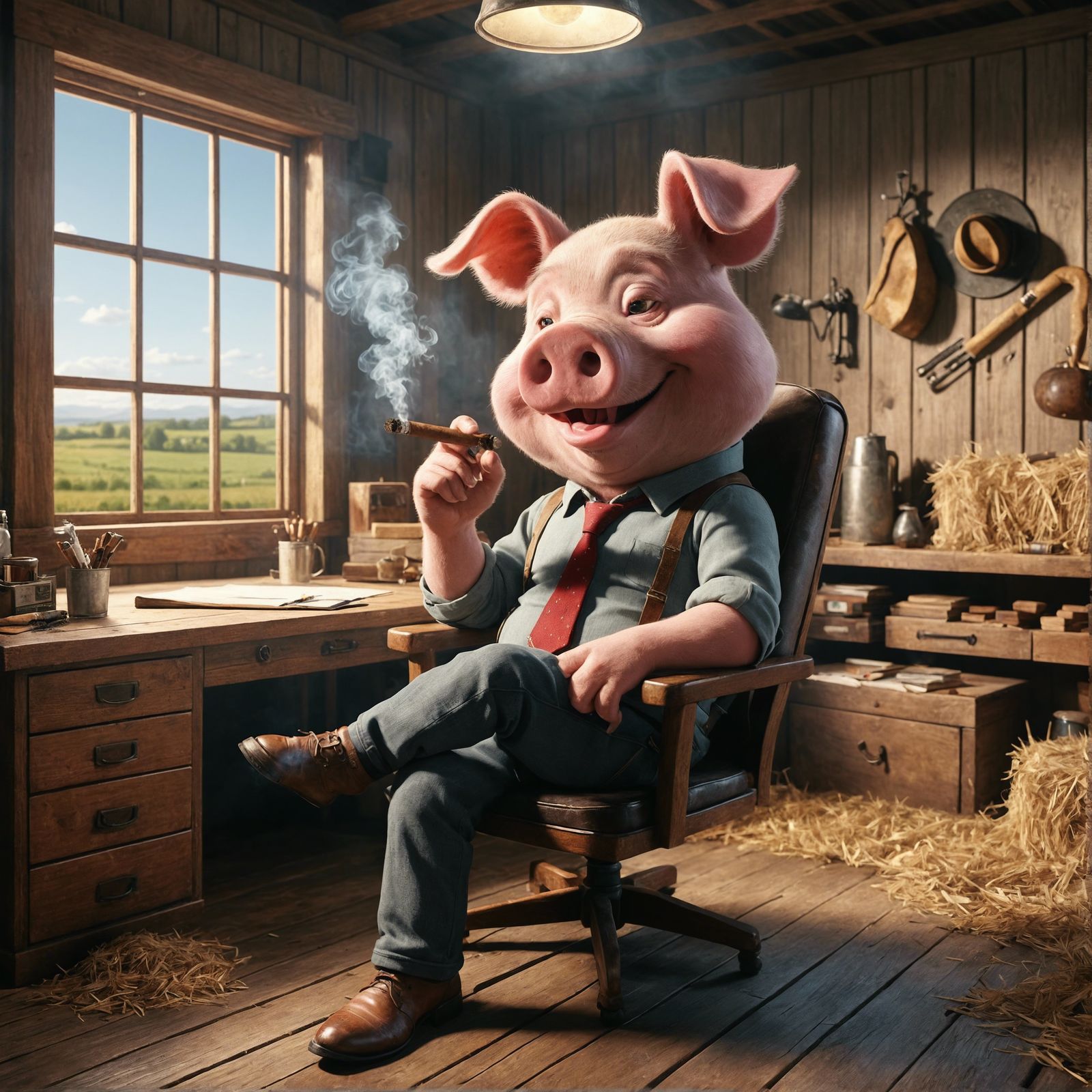 Cartoon Pig Smoking Cigar in Cozy Farm Office