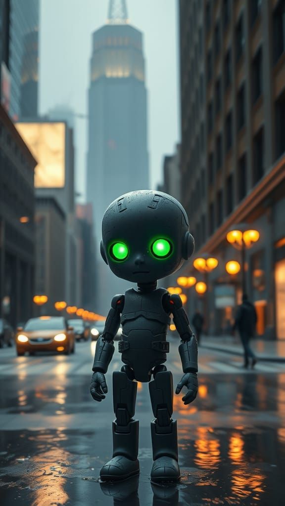 Cyborg Doll in Rainy City Street as Pixar Film