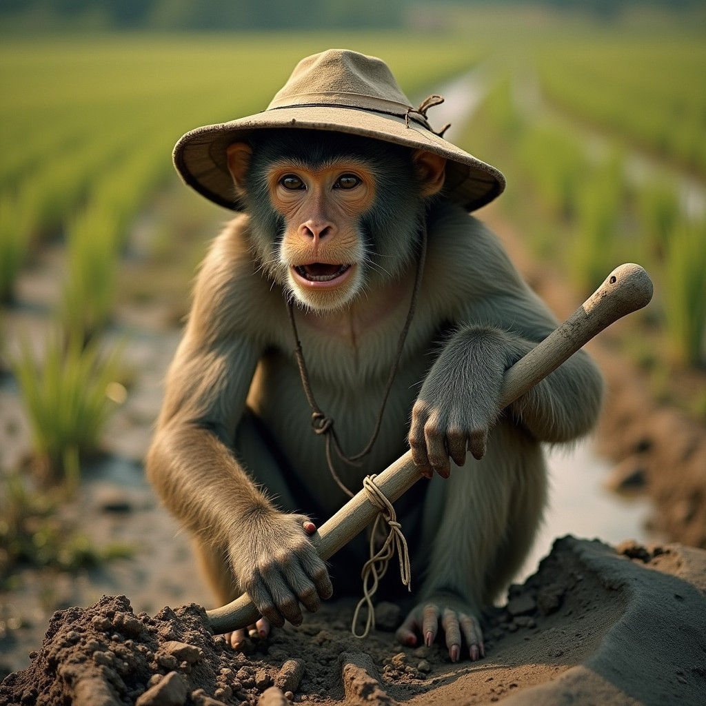 Monkey Farmer Rides Buffalo in Golden Rice Field