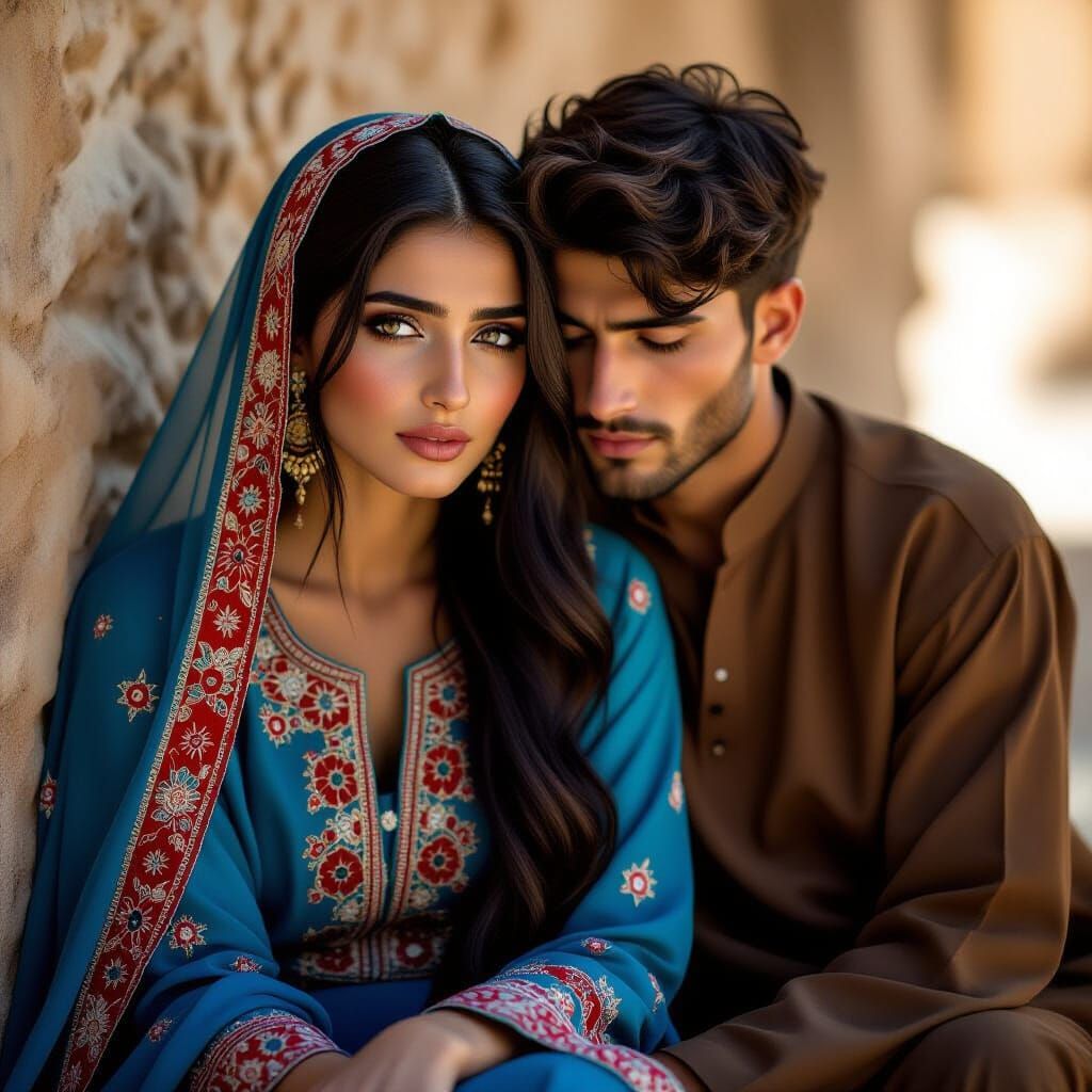 Cinematic Portrait of Afghan Couple in Traditional Attire
