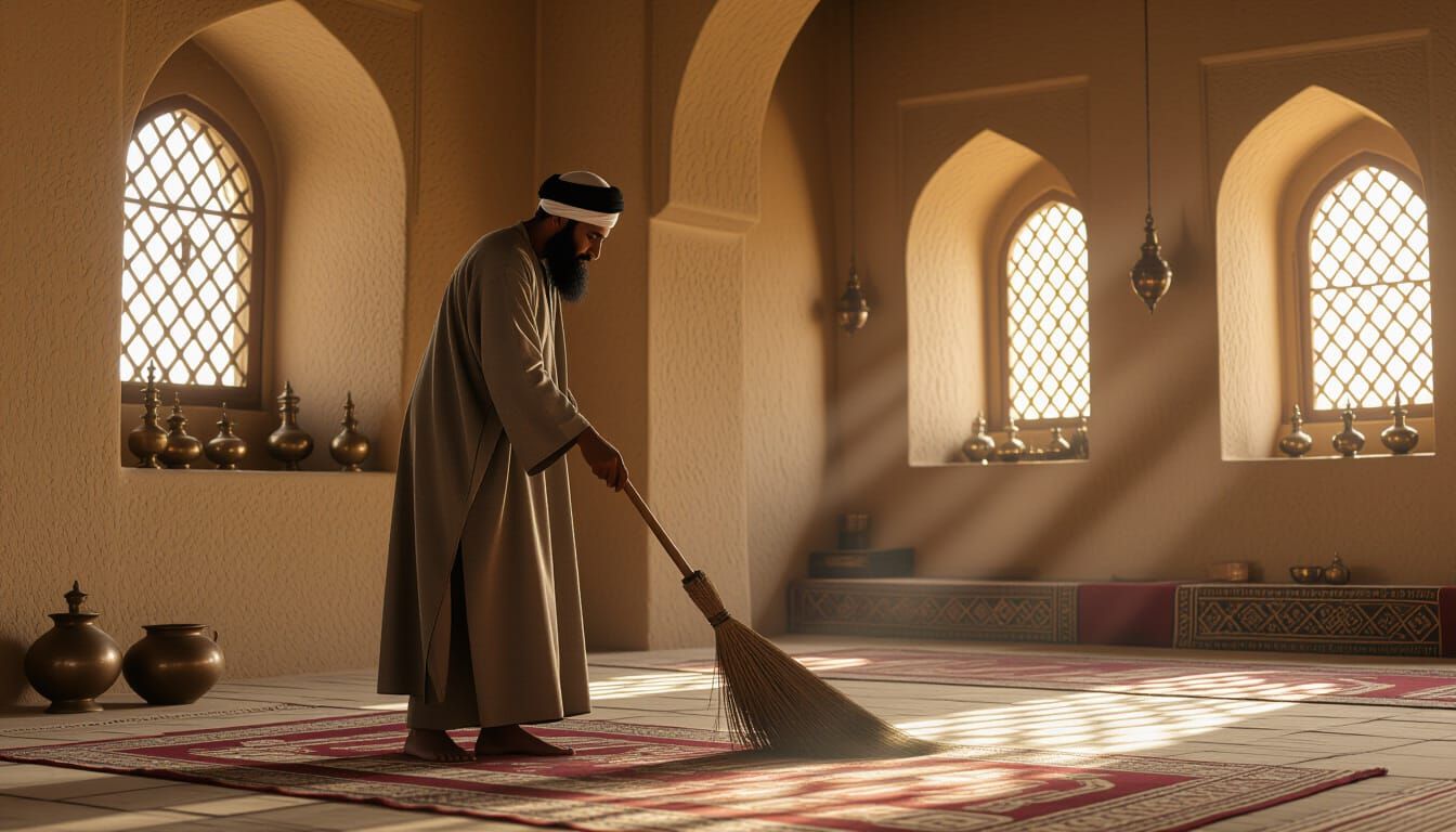 Sheikh Ali Sweeping Ancient Mosque, Realistic Style