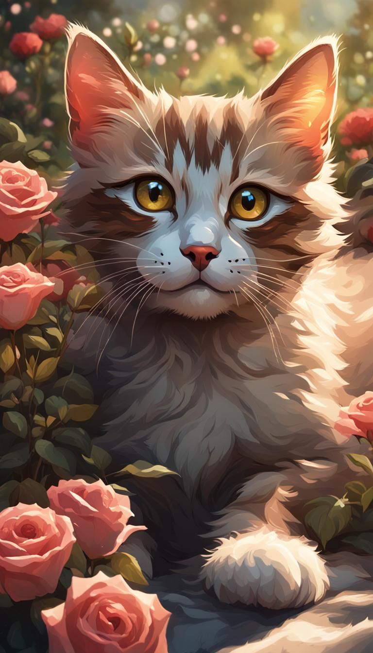 Kitten in Rose Garden: Hyperdetailed Concept Art