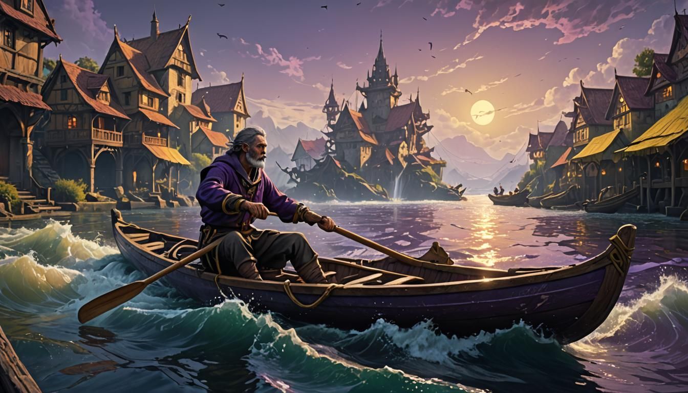 Villager's River Journey: Dark Fantasy Concept Art