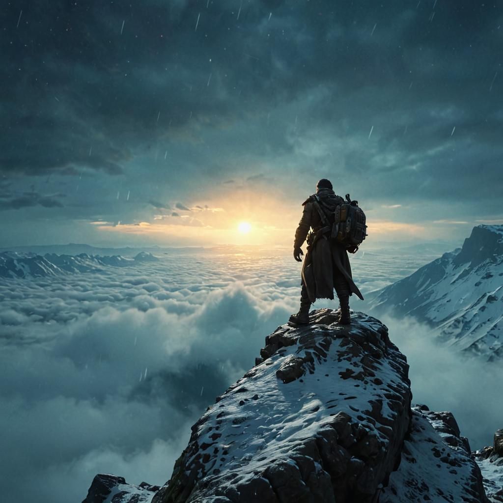 Viking Warrior Overlooking Winter Mountains in Dark Fantasy ...