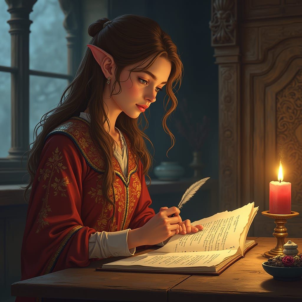 Half-Elf Scribe in Fantasy Guildhall, Fantasy Art