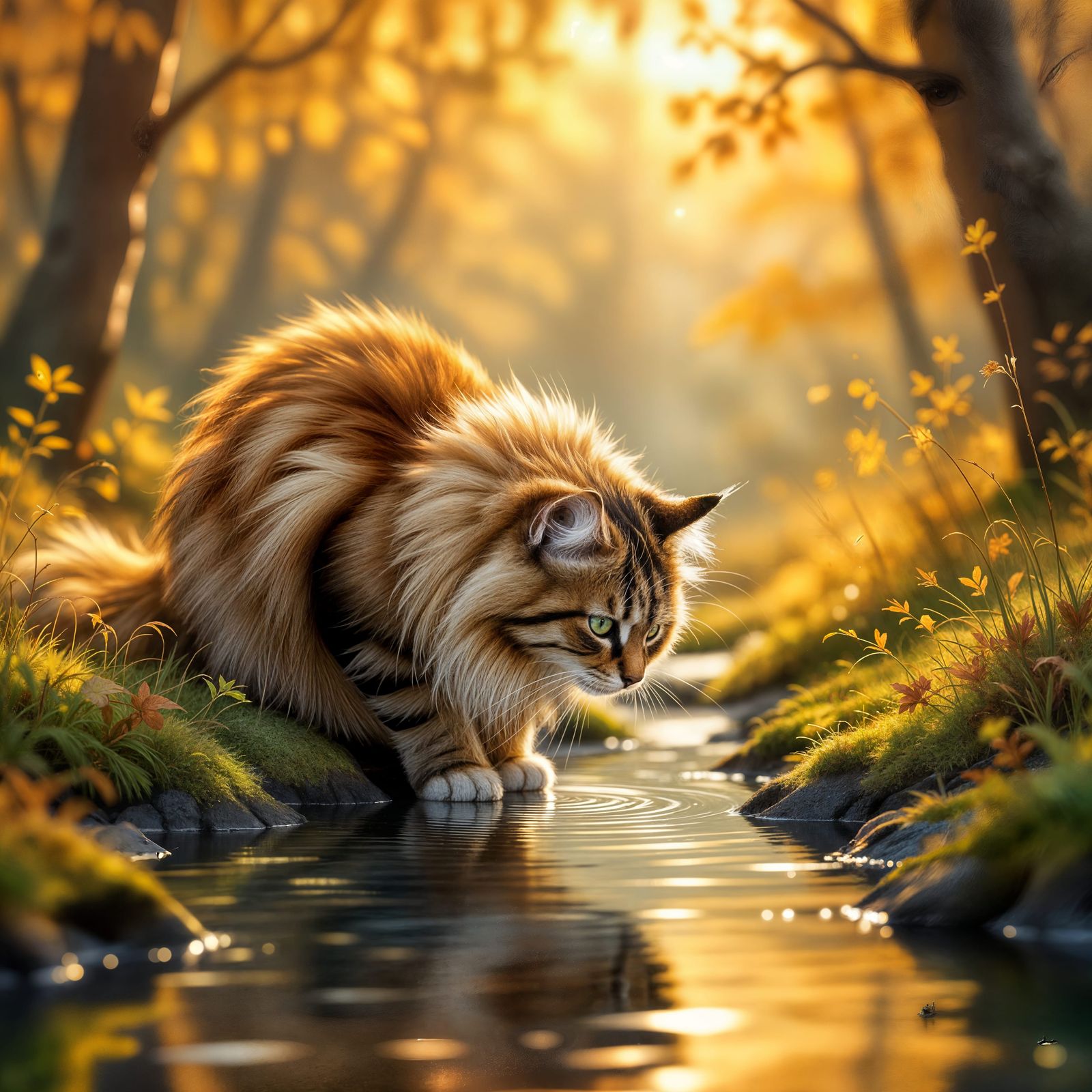 Fluffy Forest Cat Gazes at Reflection in Golden Woods