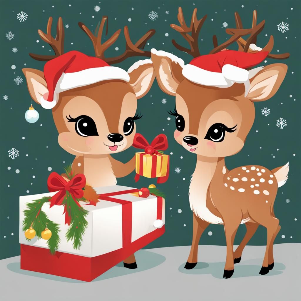 Two Baby Deer Celebrate Christmas