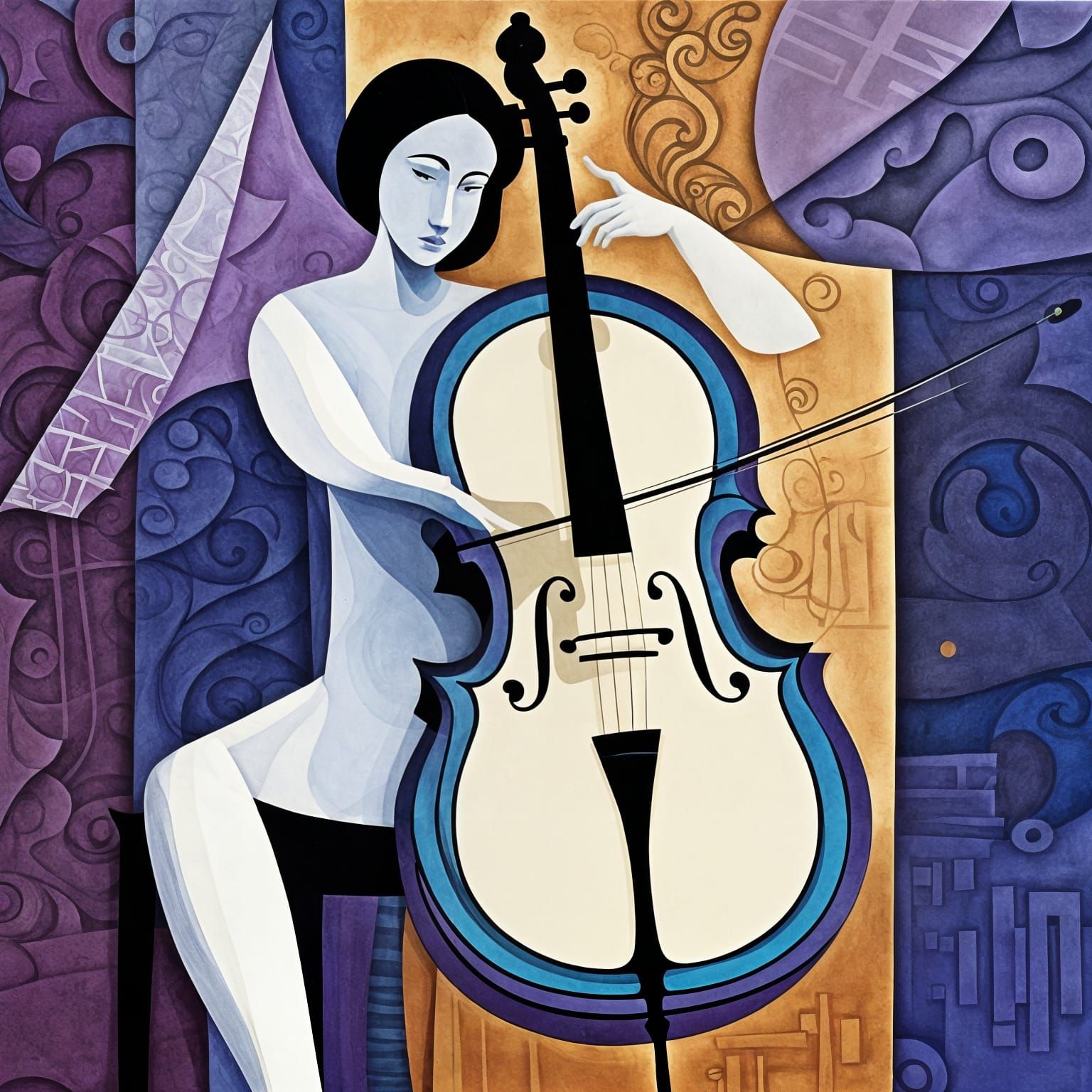 Surreal Cellist in Cubist Harmony