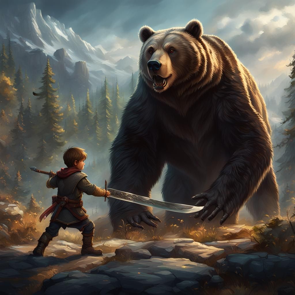 Boy Slaying Bear in Detailed Fantasy Art